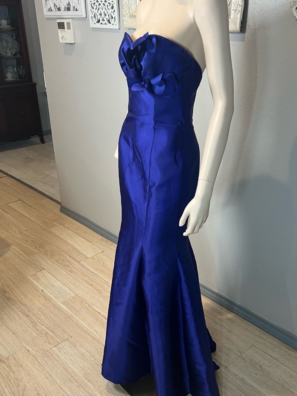 Lazaro Strapless Royal Blue Evening Gown with Floral Detail